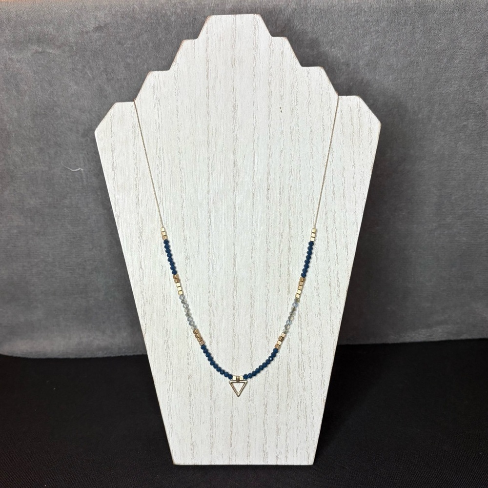 Vintage Canvas 18” Necklace, Gold, Fine Chain, Blue Beads, Triangle Pendant